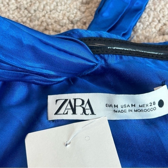 Zara Royal cobalt blue satin effect ruched cut-out front knot halter crop top - Picture 7 of 12